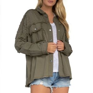 ELAN Studded Cotton Jacket Size L: OLIVE